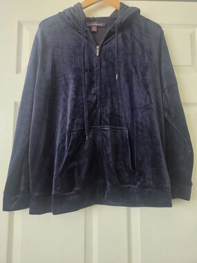 Gloria Vanderbilt Velour Zip-Up Hoodie Jacket in Navy